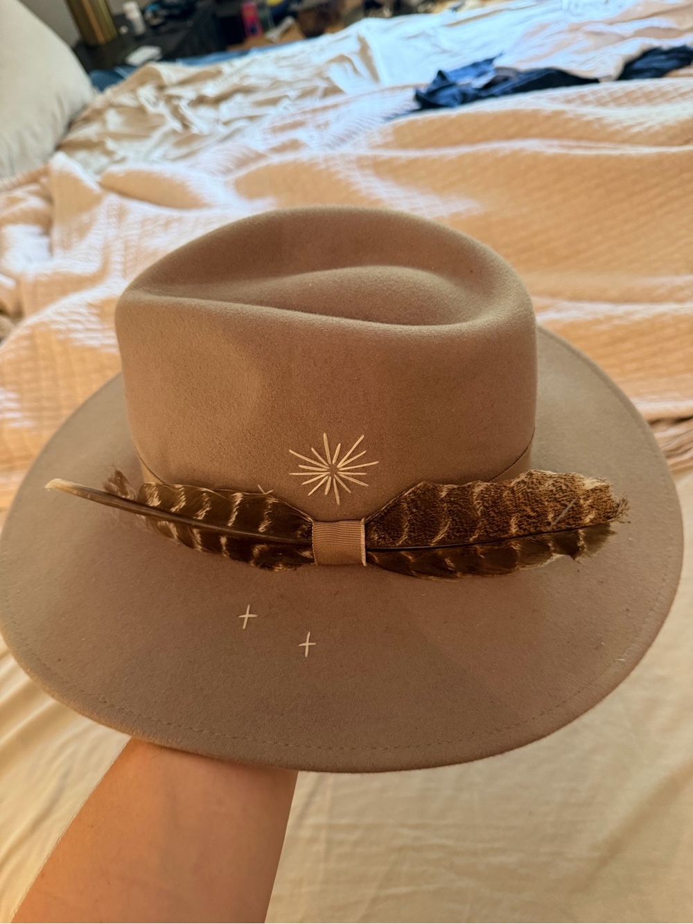 Wide-Brim women’s Taupe Felt Fedora with Feather Accent